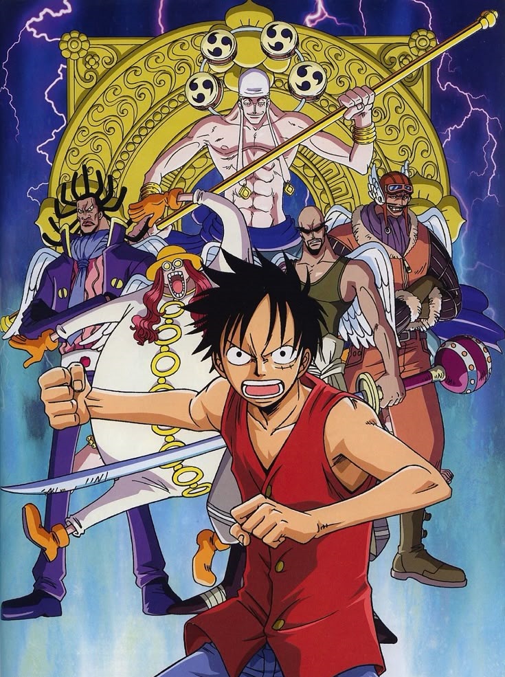One Piece, featuring Luffy, Enel, and all of his minions behind him.